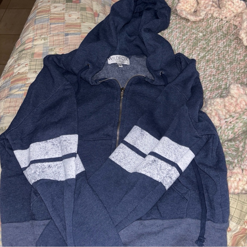 Wildfox Navy Blue Hoodie with White Stripes - Picture 1 of 6